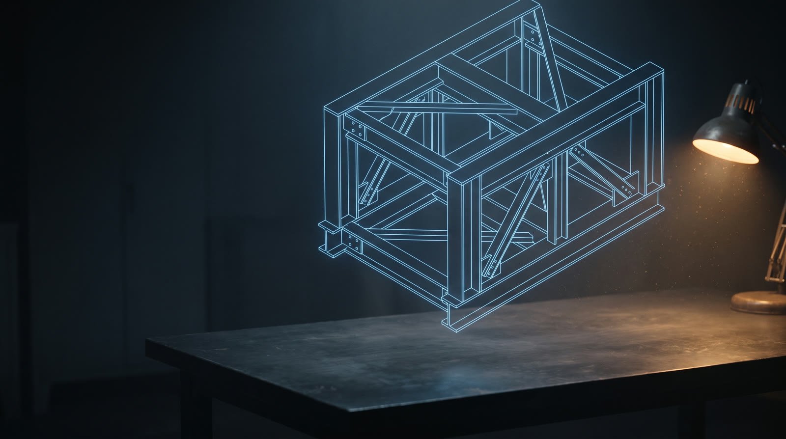Modelo tridimensional de uma estrutura metálica projetado em linhas azuis sobre uma bancada escura de engenharia